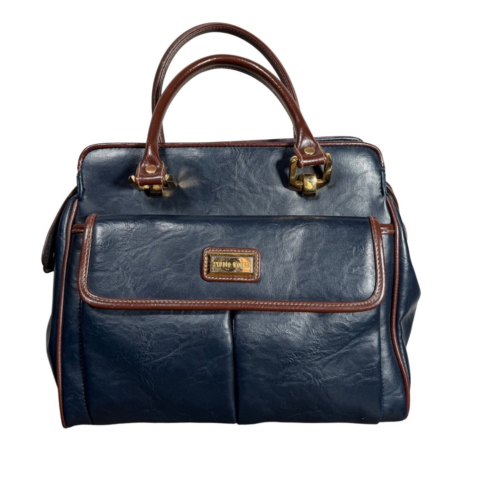 VTG Studio Works Navy Blue Brown Trim Faux Leather Satchel Handbag Gold Hardware